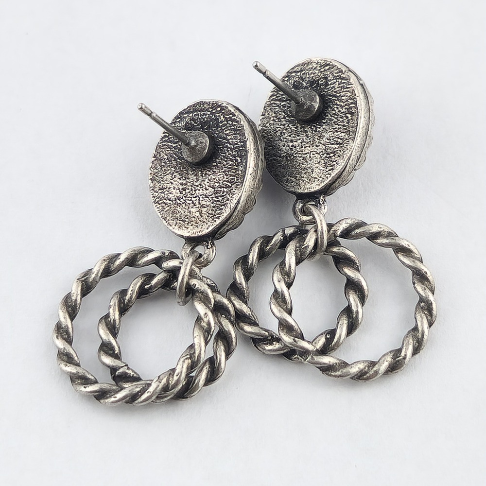 Vintage Silver Tone Red Cabochon Twisted Rope Double Hoop Drop Earrings - Picture 6 of 7